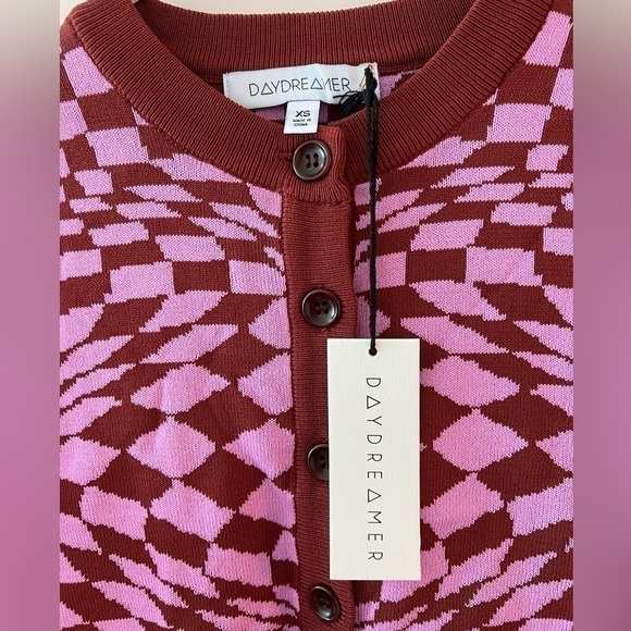 Daydreamer Magenta Wave Abstract Checkered Button Front Cardigan Sweater NWT - Picture 7 of 16